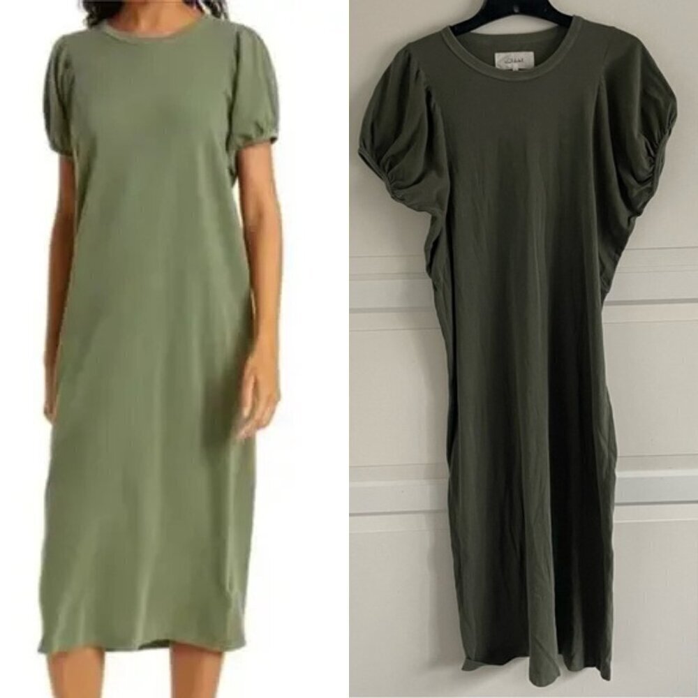 The Great. 100% Cotton Green Short Puff Sleeves T-Shirt Midi Dress 20749